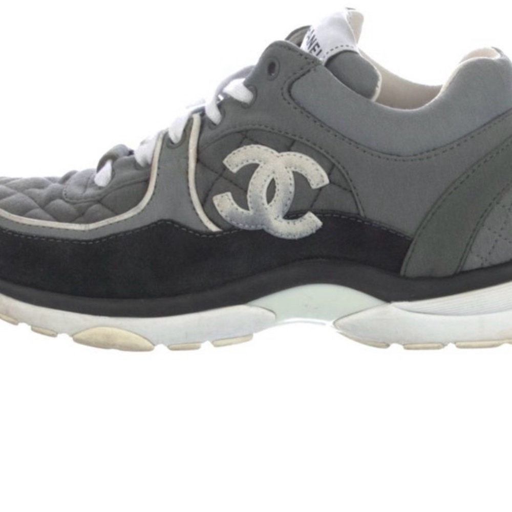 CHANEL Gray and Black Quilted Low-Top Sneakers
